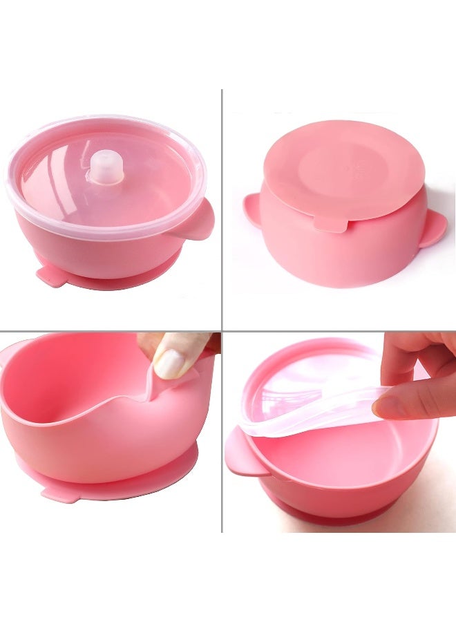 YMCF Products Baby or Toddler Feeding Set | Silicone Bib, Divided Plates, Suction Bowls & Spoons, Dishwasher-Safe, Easy-Wipe Cleaning (Pink) - Image 3